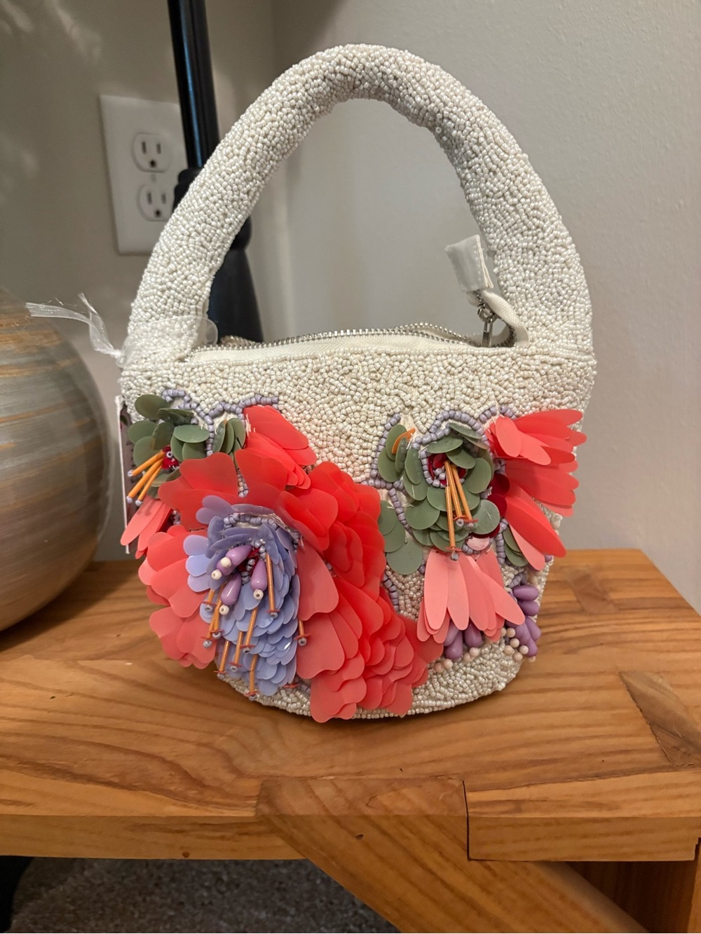 White Beaded Mini Bag with Coral & Lavender Floral Appliqué